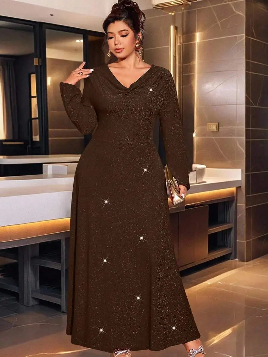 Elegant Red Shiny Draped V-Neck Maxi Dress with Long Sleeves for Formal Events