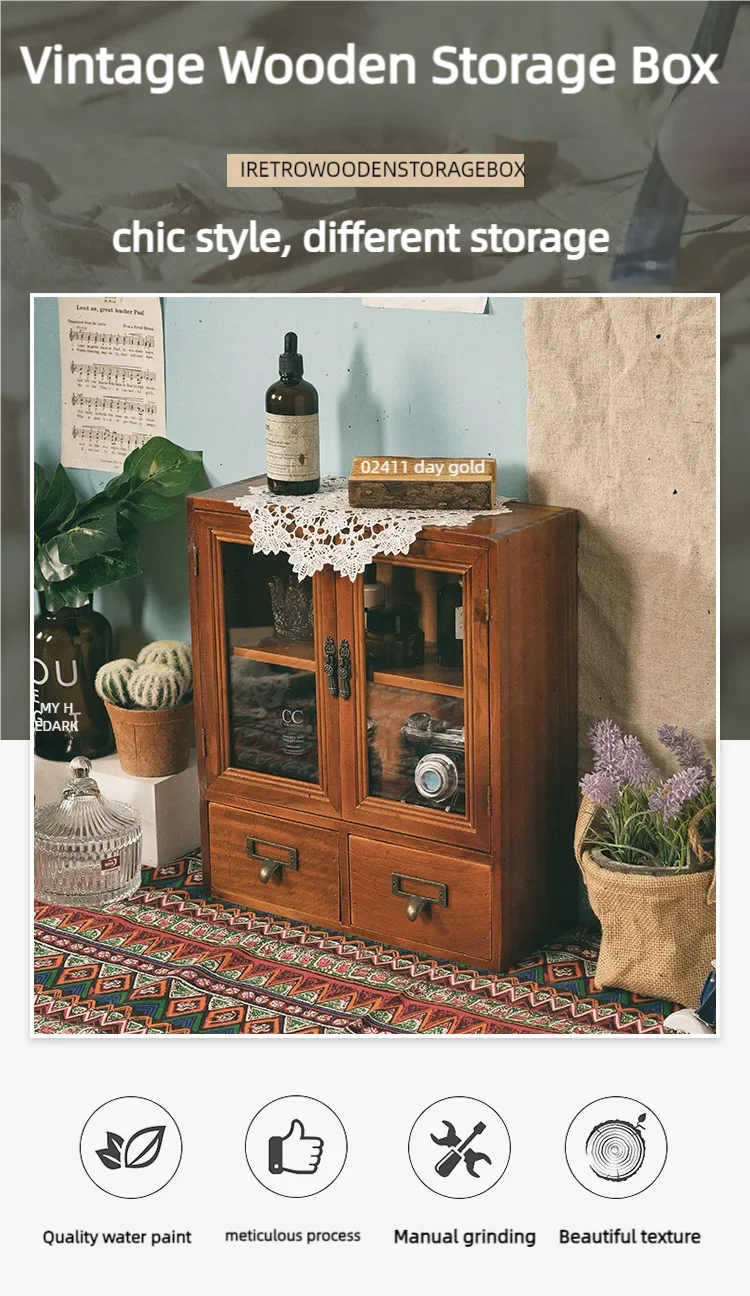 Nordic solid wood retro wooden double door display cabinet miscellaneous cosmetics storage cabinet drawer desktop storage box