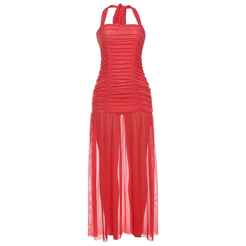 Nibber See Through Hem Dress Women Ruched Halter Summer Trend Sleeveless Backless Patchwork Midnight Clubwear Party Maxi Bodycon