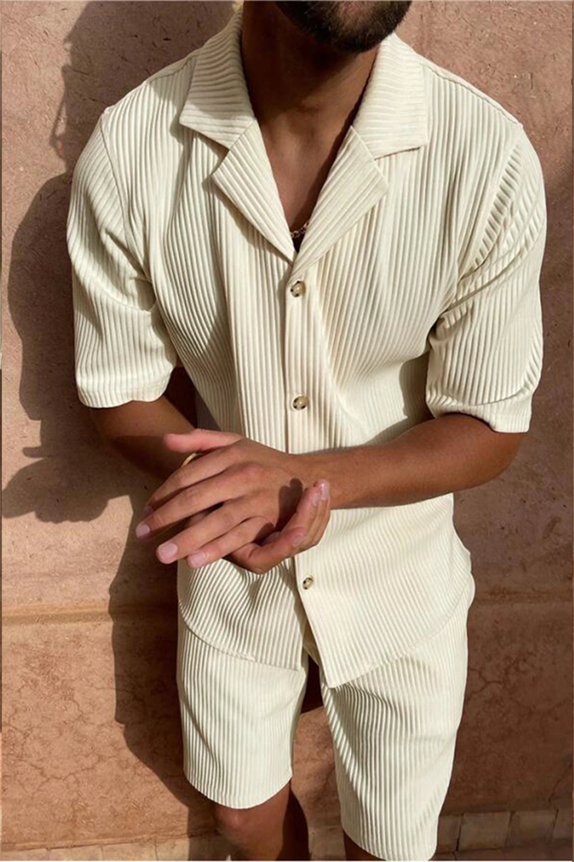 Men’s Spring/Summer Corduroy Short-Sleeve Shirt & Shorts Set
