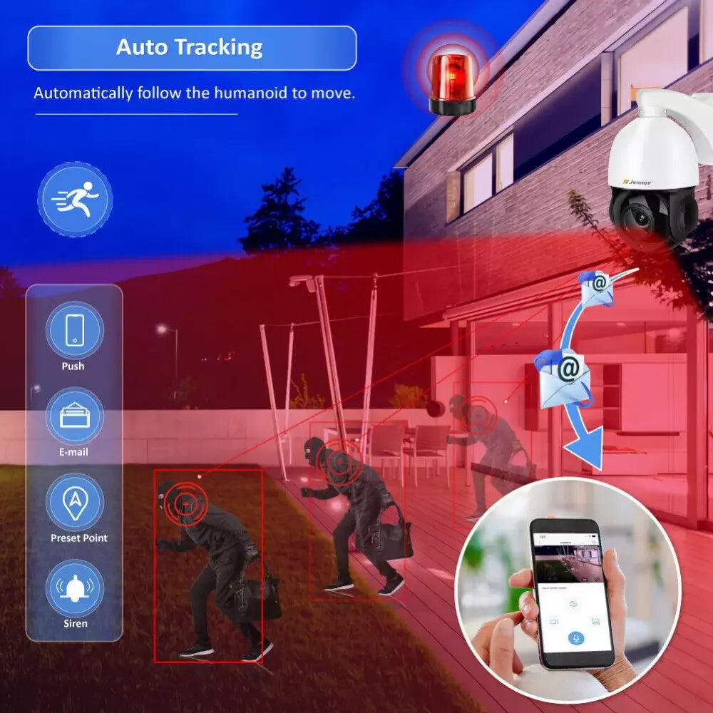 Jennov 360° 8MP PTZ POE IP Outdoor Security Camera 4K 30X Optical Zoom IR Night CCTV