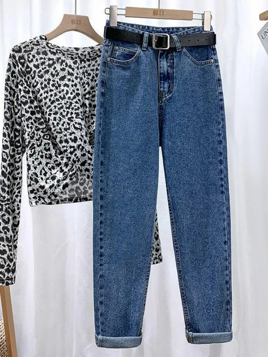 Women's Fce Lined High Waist Straight Leg Jeans Thiened Warm Nine Point Harlan Dad Pants Slimming Tapered Cuffed Ankle