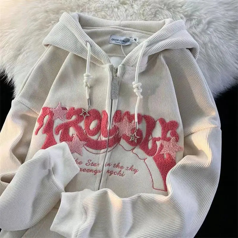Fashion Embroidery Zip Up Hoodies Women Autumn Long Sleeve Tops Loose Hood Shirt Harajuku Y2K Clothes Female Sweatshirt Jacket