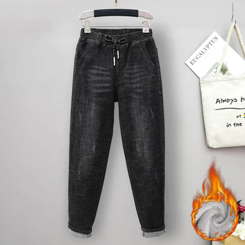 Women’s Plus Size Elastic High-Waisted Ripped Mom Jeans – Baggy Harem Denim Pants (XL–6XL)