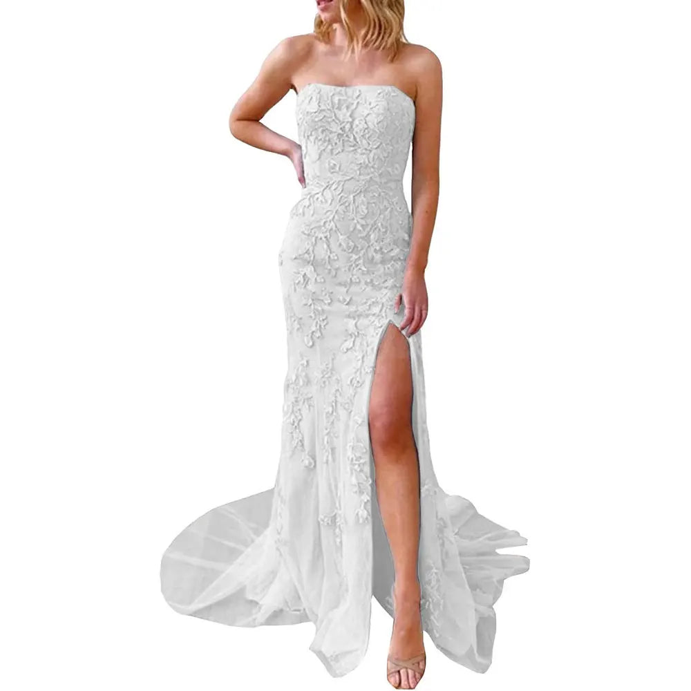 Customized Lace Appliques Strapless Prom Dresses Sexy Mermaid Side Slit Formal Evening Party Gowns Vestido De Fiesta