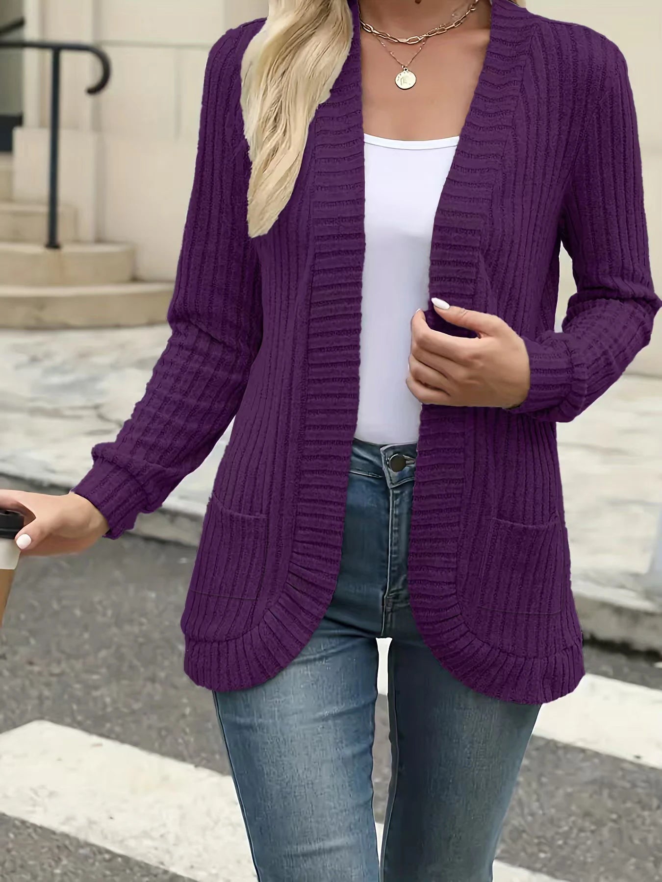 New fashion women's solid color casual pit stripe brushed cardigan jacket
