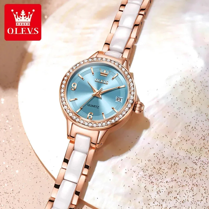 OLEVS Luxury Quartz Watch Women Elegant Ceramics Strap Waterproof Auto Date Luxury Lap Ladies Watches 7093