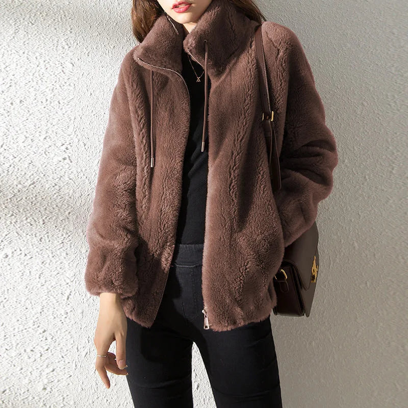 Winter Warm Double Coral Fleece Coat Women Stand Collar Plush Thick Overcoat New Fashion Loose Casual Long Sleeve Zipper Clothes