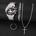 4pcs/set Fashion Men's Watches Silver Steel Band Quartz Watch Male Business Watches Jewelry Set（Without Box）