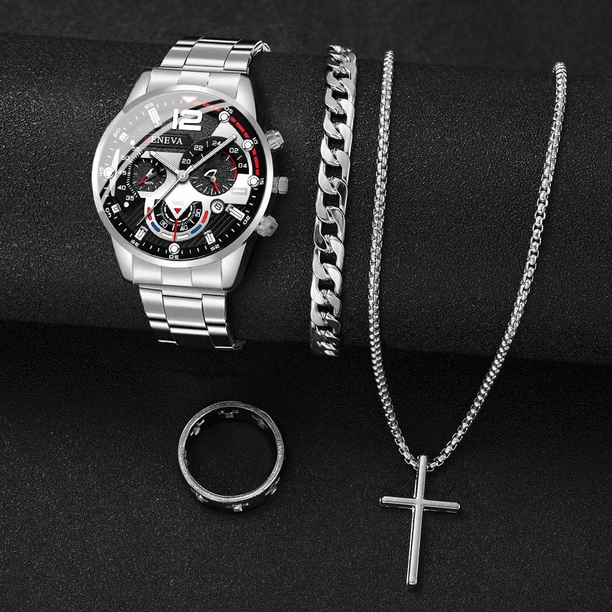 4pcs/set Fashion Men's Watches Silver Steel Band Quartz Watch Male Business Watches Jewelry Set（Without Box）