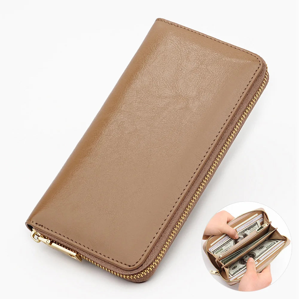 New Oil Waxed Cowhide Women's Zipper Wallet Long Genuine Leather Large Capacity Handbag Japan Style