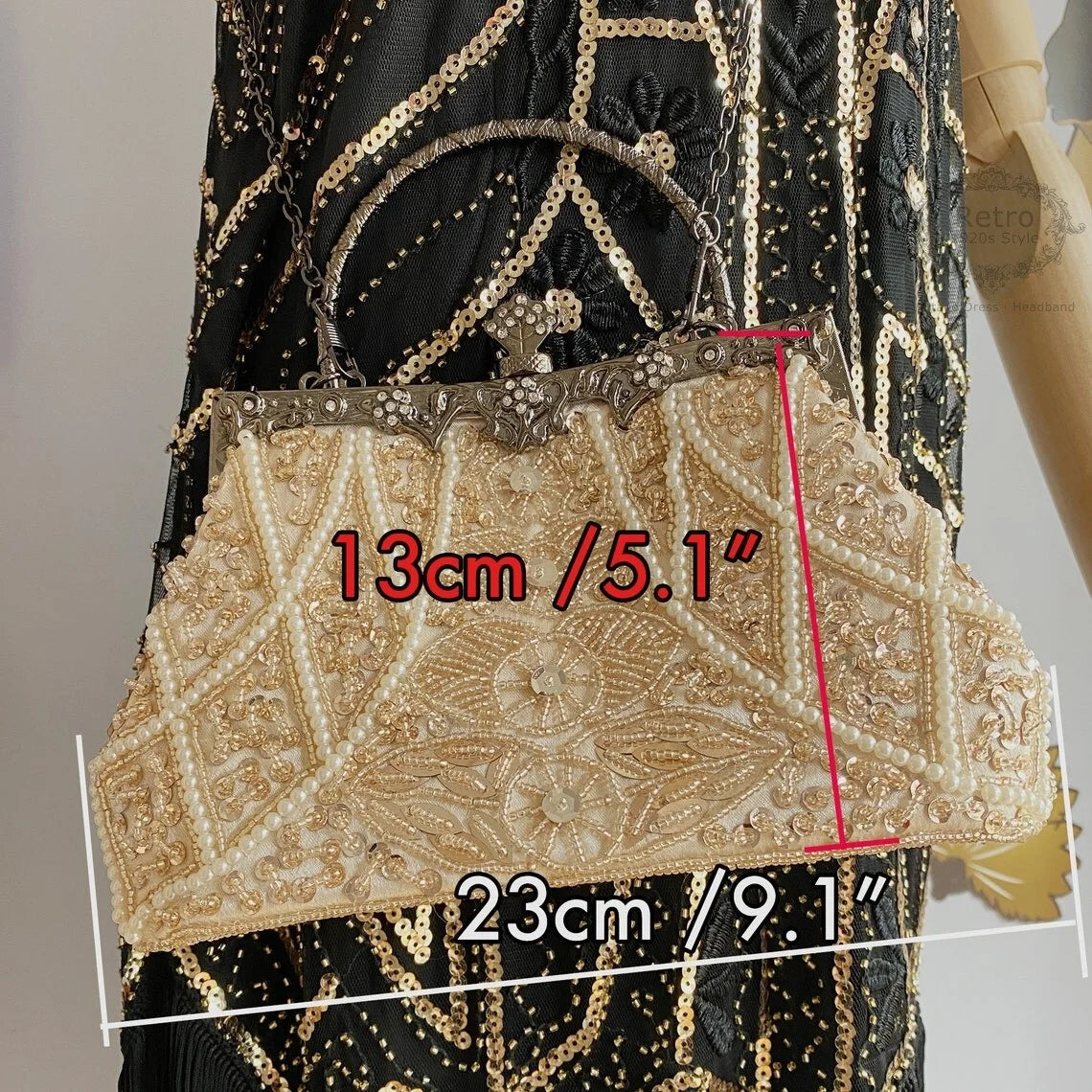 Lost in Vintage Clutch Handbag Beaded and Sequin Kiss-lock Closurer Shoulder Bag Crossbody Detachable ChainProm Evening Party