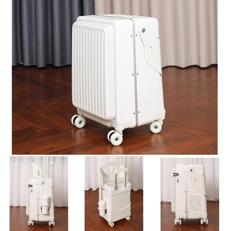 2025 New suitcase for children can Sit 20/22 inch Ride on Luggage Front Opening Sturdy Thickened Travel suitcase with Cup Holder