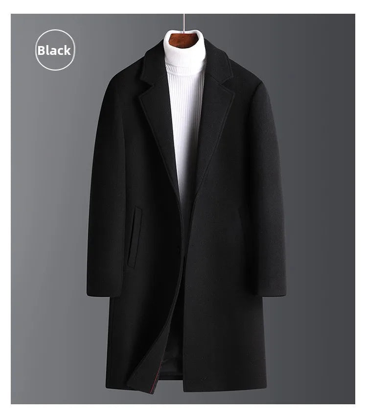 2025 Autumn/Winter New Lapel Woolen Coat for Men, Slim Fit, Korean Style, Mid-Length Coat for Young and Middle-Aged Men