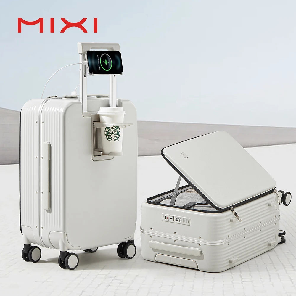 Mixi M9286 Aluminum-Frame PC Carry-On | USB Port, Cup & Phone Holder, TSA Lock, 360° Spinner Wheels (20″/24″)