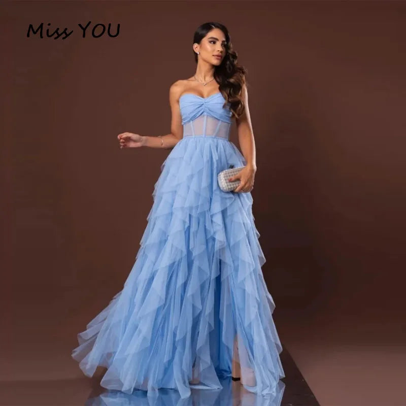 Customized Prom Dress L  A-line Mesh Fabric Multi-Layered robes de soirée Strapless Party Dresses Floor-Length Side Slit