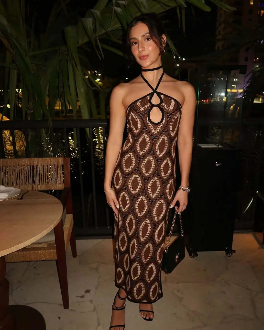 Tossy Knit Printed Hollow Out Long Dress Women Bandage Backless Contrast Beach Holiday Dress Clothes Female Boho Knitwear Dress