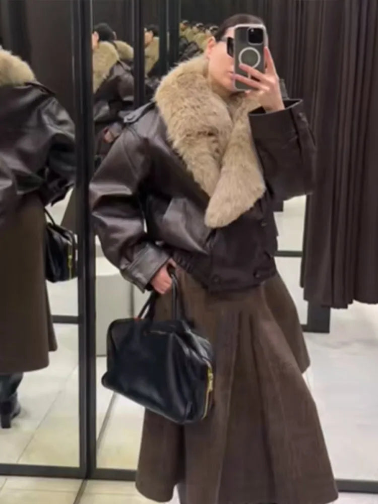 Vintage Fur Collar Women Leather Jacket Lapel V-neck Full Sleeve Double Breasted Bomber Jackets Lady Winter High Street Outwear