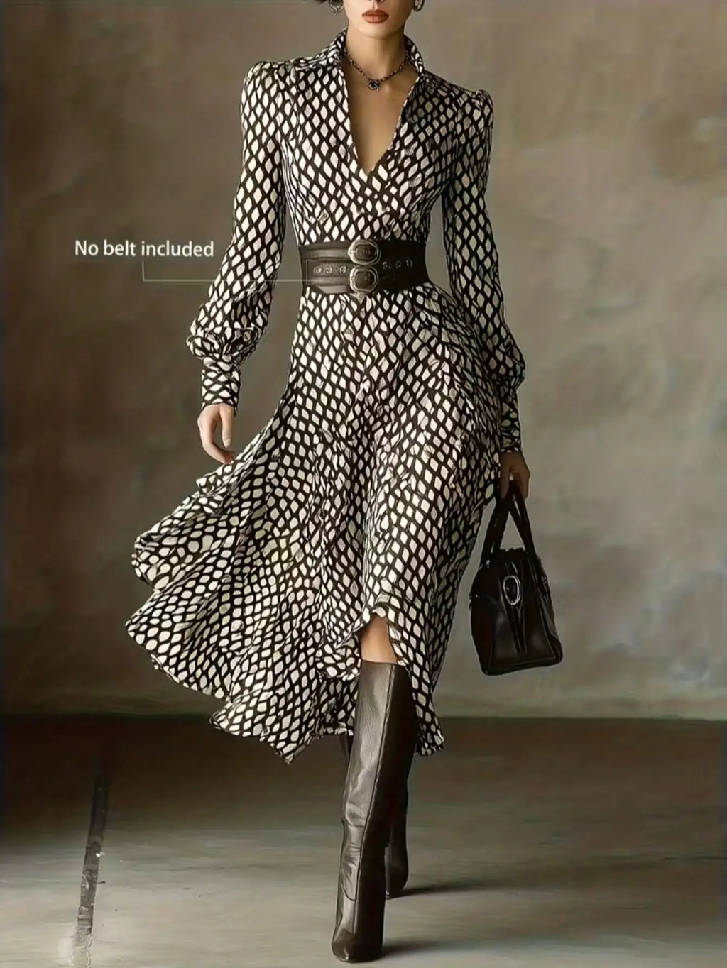 Women's V-Neck Long Sleeve Geometric Print Midi Dress, Elegant Casual Style