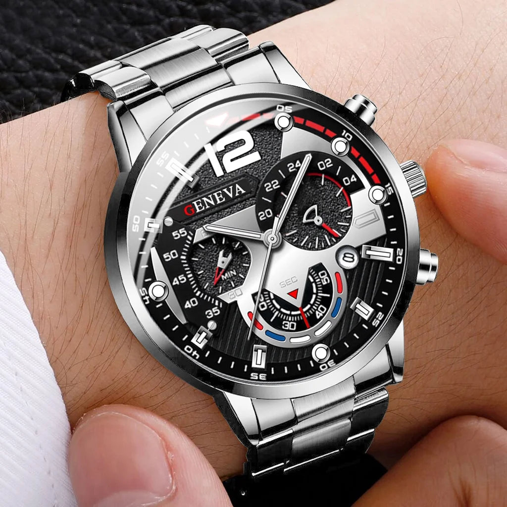 4pcs/set Fashion Men's Watches Silver Steel Band Quartz Watch Male Business Watches Jewelry Set（Without Box）