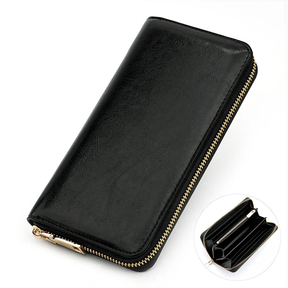 New Oil Waxed Cowhide Women's Zipper Wallet Long Genuine Leather Large Capacity Handbag Japan Style