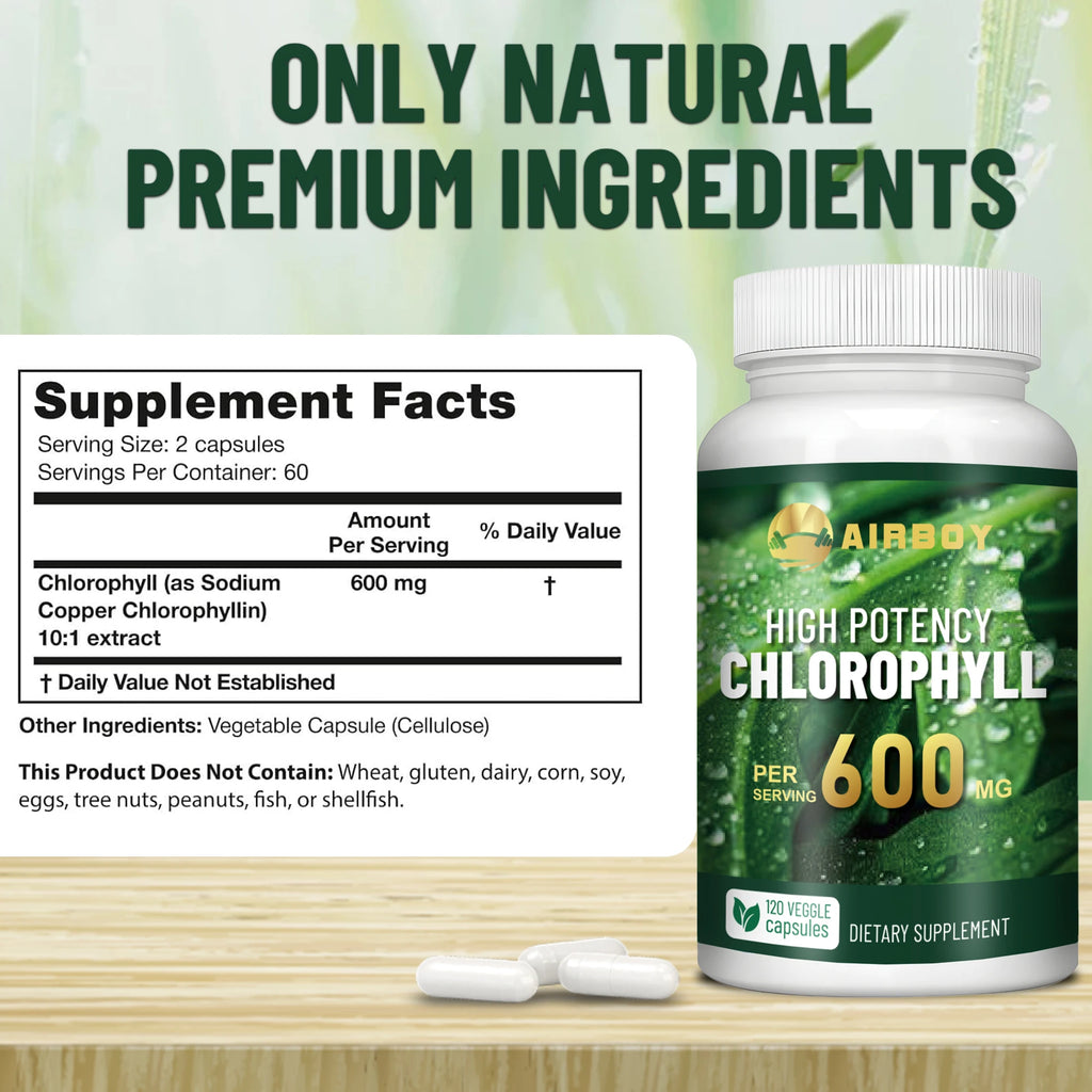 Chlorophyll Supplement 600mg - Smelling Breath, Skin Health, Remove Body Odor Naturally - 120 Capsules