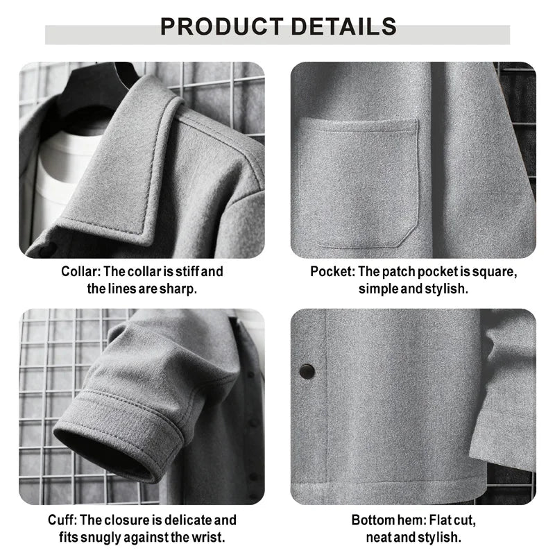 Men's Warm Brushed Jacket Lapel Button-Down Casual Coat for Autumn Winter Business，with Pocket