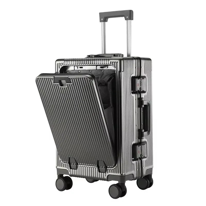 Suitcase Front Opening Pocket Aluminum Alloy Frame Rolling Luggage with USB Charging Plug Trolley Carry-on Case Bag with Wheel