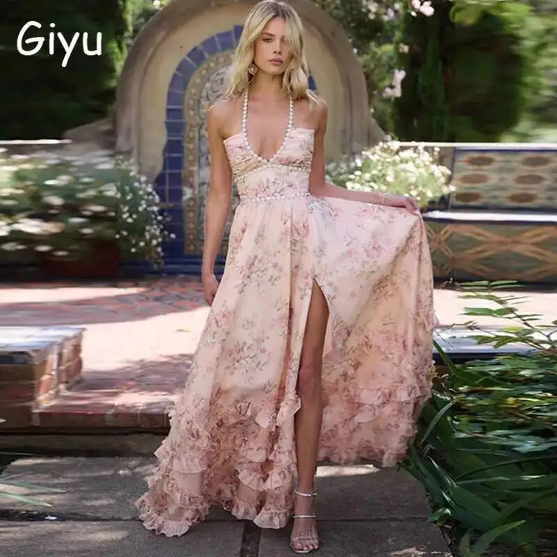 Giyu Sexy Pearl Evening Club Party Dresses Women Summer Dress Elegant Spaghetti Strap Backless Lace Up Maxi Long Ruffles Robe