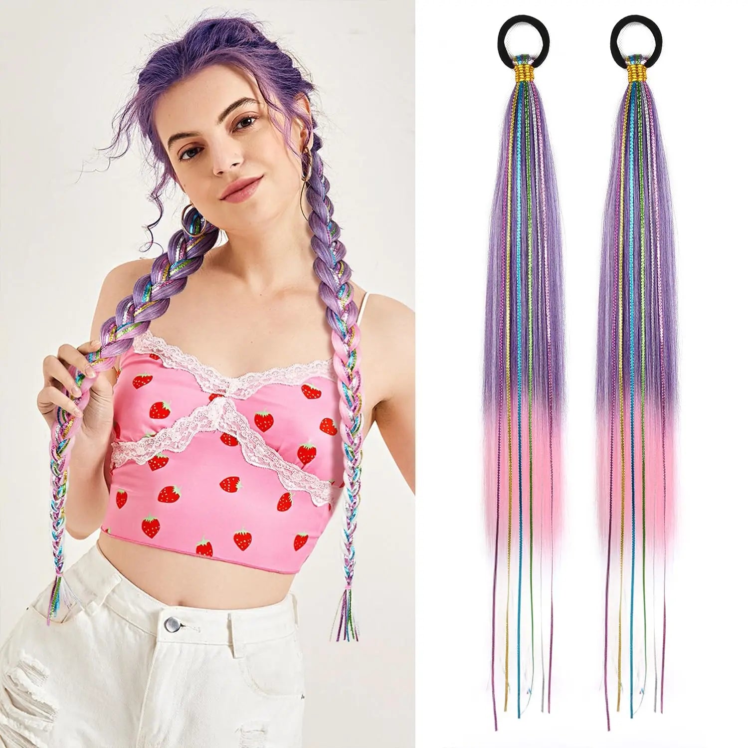 26 Inch Hair Tinsel Colored Braided Ponytail Extension 1/2 Pack Blue Pink Gradient Hair Extensions Synthetic Ponytail