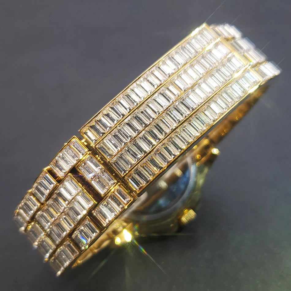 MISSFOX Full Iced-Out Men’s Watch | Luxury Diamond Silver Stainless Steel Quartz with Auto Date