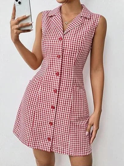 French Retro Plaid Dresses Women Summer New  Sleeveless Round Neck Button Up Cocktail Dress Female Bodycon Dresses Vestidos