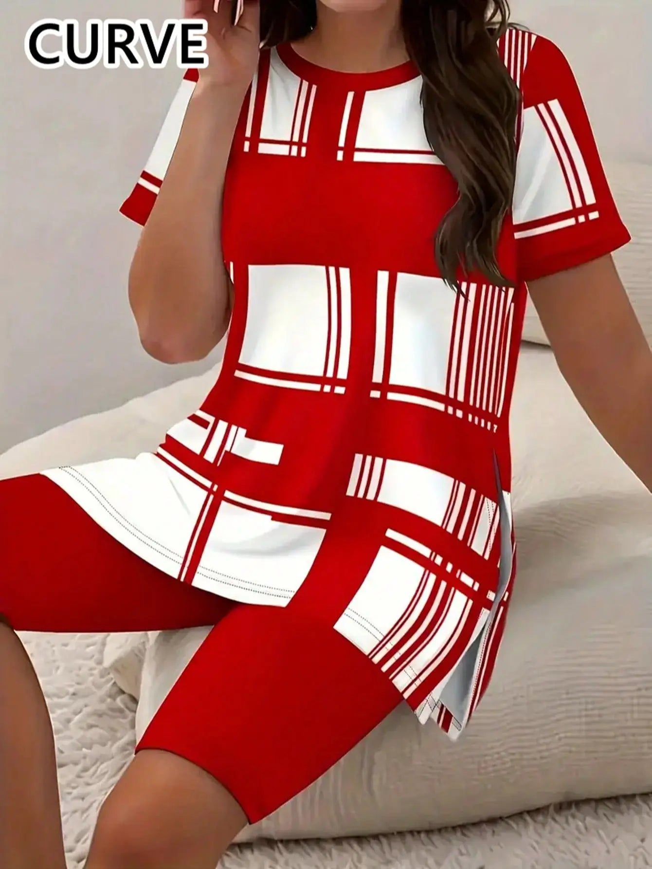 Plus Size Women’s 2Set 1XL-5XL Summer Check Print Two-piece Sets Casual Short Sleeve RoundNeck T-Shirt & Shorts  Loungewear