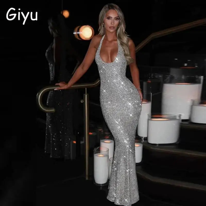 Giyu Sexy Glitter Sparkle Sequined Club Evening Party Dresses Women 2025 Summer Autumn Halter Backless Bodycon Maxi Long Dress
