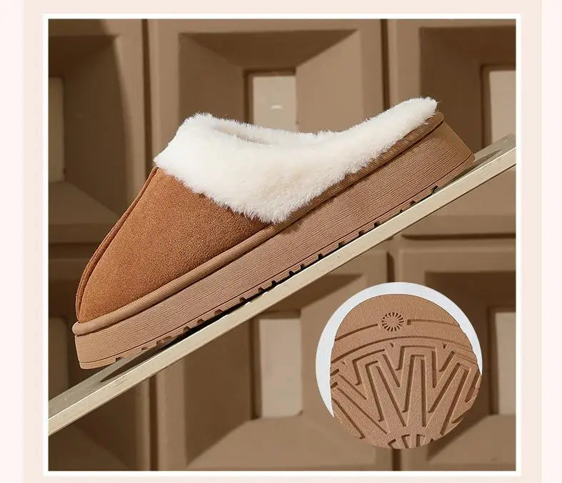 Women's plush slippers winter outdoor, thick sole non-slip fur flip flops with fur collar, warm unisex house shoes for home use