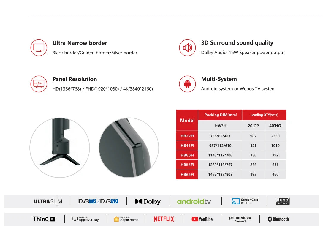 LED Smart TV with WiFi & for Bluetooth 4K UHD Frameless TV Available in Sizes 32inch and Larger for Hotels