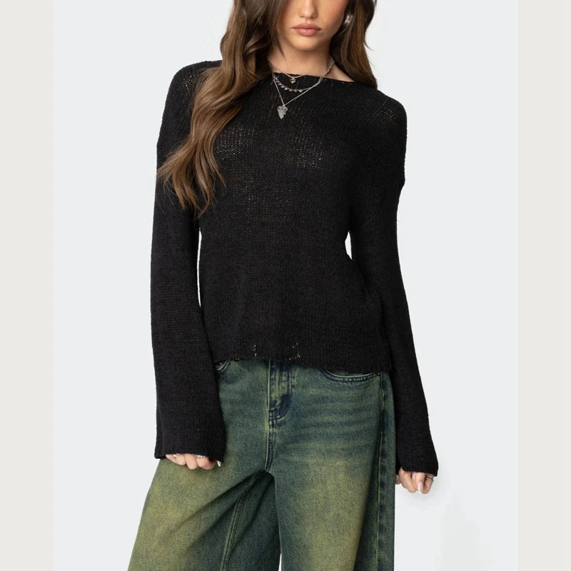 Women’s Y2K Sheer Knit Sweater – Oversized Striped Pullover