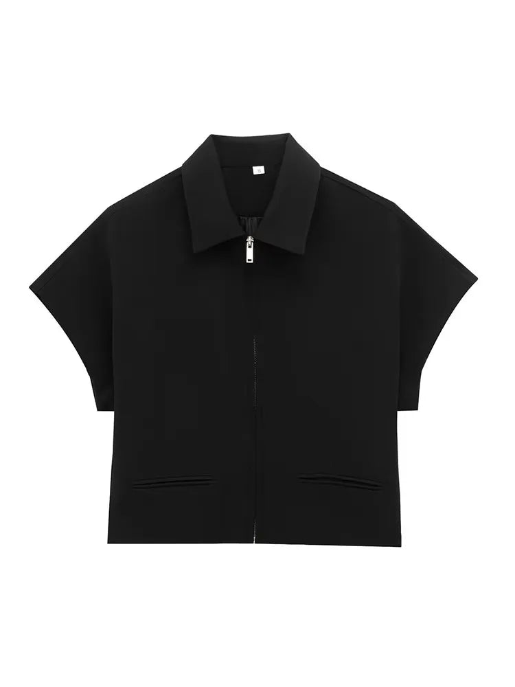 TFMLN Fashion Set For Women Summer 2025 New Slim Lapel Zipper Short Sleeve Coat Top Wide Leg Pants Two Piece Set Leisure Black