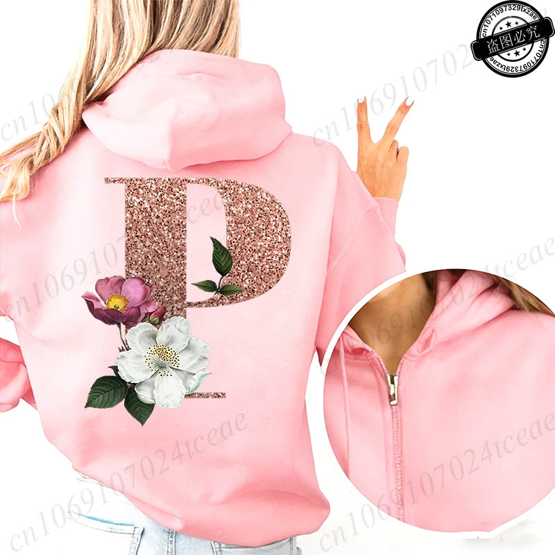 Women Zip Up Hoodies Rose Gold Letter A~Z Zipper Jackets Coats Autumn Winter Hoody Sweatshirt Fashion Casual Zip Pink Hoodie Top