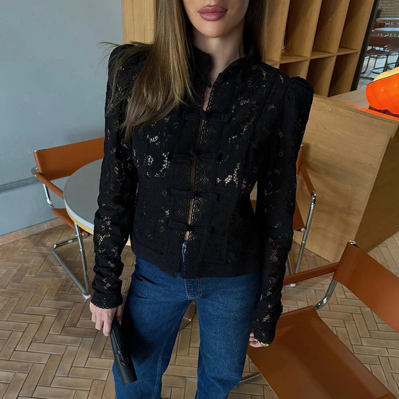 Tornova 2025 New Lace Hook Flower Women's Shirt Fashion Commuting Long Sleeve Cardigan Top Retro Slim Stand Collar Lady Blouses