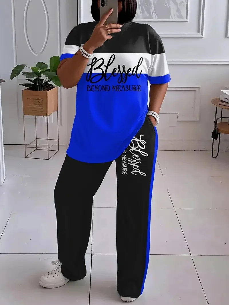 Plus Size Women's Casual Short-Sleeved Striped Printed Loose Pocket Pants Suit