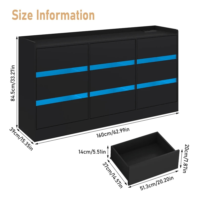 9 Drawer Dresser with Power Outlet & LED Light, Modern Chest of Drawers for Closet, 63" Drawer Organizer Cabinet for Bedroom