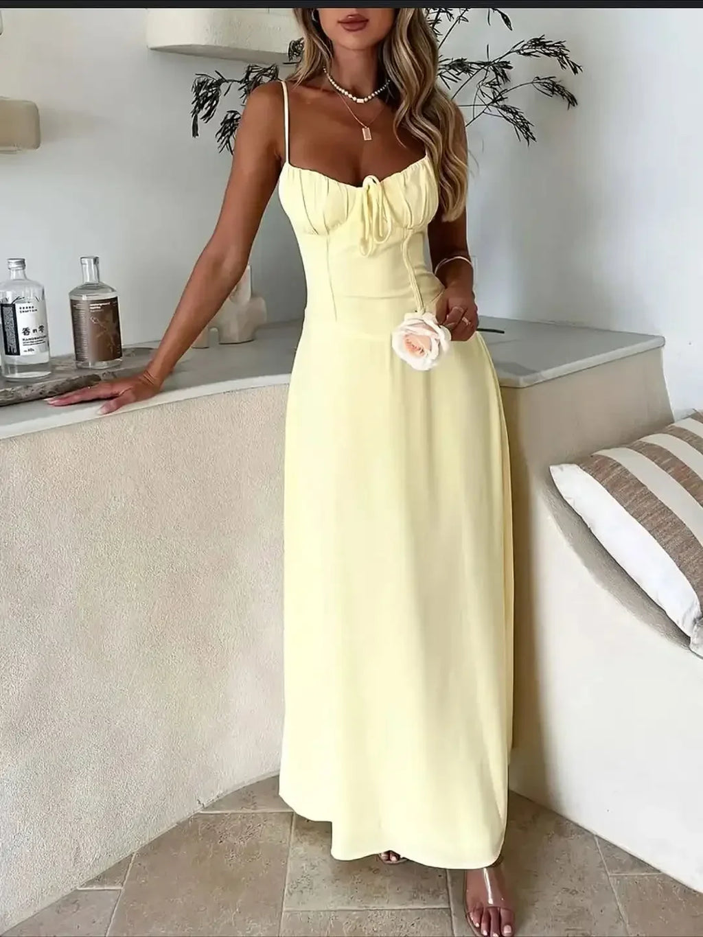Casual Women High Waist A-line Sling Dress Sleeveless Cinched-waist Pleated Slim Long Dresses 2026 Lady Vacation Street Gowns