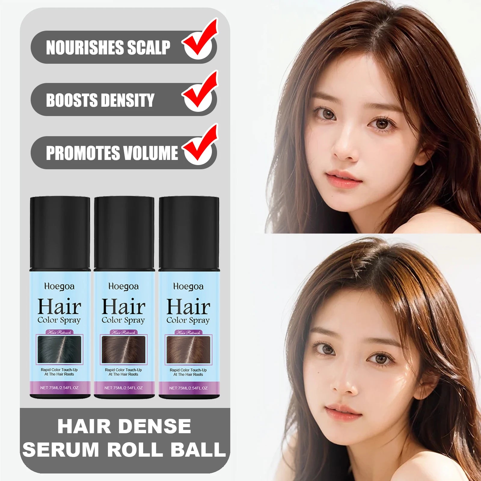 HOEGOA Once Hair Coloring Spray Light/Dark Brown Black  Long-lasting Covers Color Difference Easy to Wash Convenient Touch-up