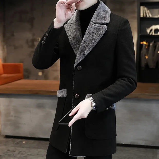 2025 Winter Men Plush Jacket Turn Down Collar Pocket Male Coat Single-breasted Long Sleeve Mid Length Business Man OverCoat