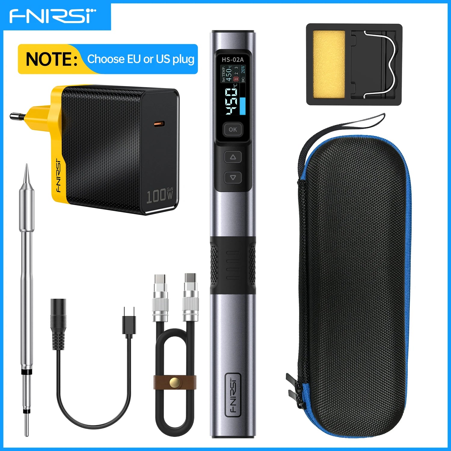 FNIRSI HS-02 Adjustable Temperature Soldering Iron DC 20V 100-450℃ Welding Solder Rework Station PD 100W Portable Repair Tool