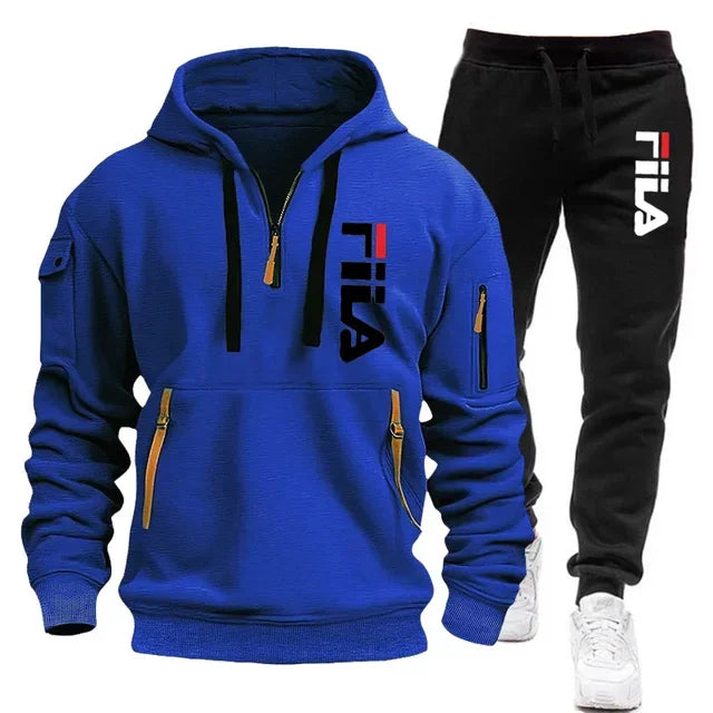 Autumn and Winter 2025 new men's hooded sweatshirt + pants two-piece set, outdoor multi-pocket men's pullover sportswear set