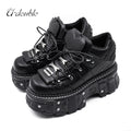 2025 New Punk Style Women Shoes Lace-up Heel Height 6CM Platform Shoes Woman Gothic Ankle Rock Boots Metal Decor Woman Sneakers