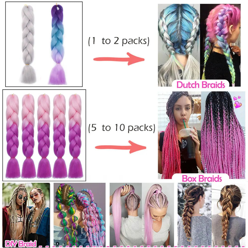 S-noilite Box Braiding Hair Pre Stretched Jumbo Braids Synthetic Braiding Hair Red Pink Blue Gray 24 Inch Afro Hair Extensions