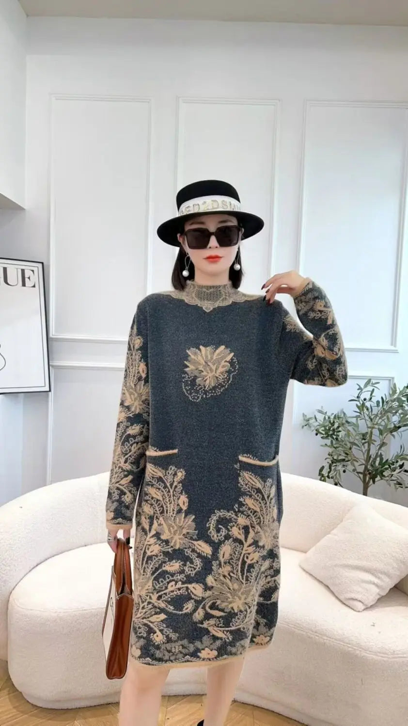 Autumn Winter Women Vintage Ethnic Style Flower Pockets Knitted Dresses Ladies Half High Collar Long Sleeve Loose Sweater Dress